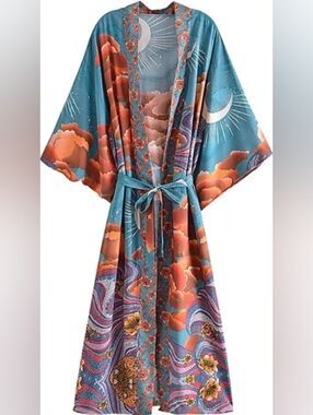 Under the Teal Gypsy Moon Boho Floor length Kimono
